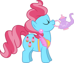 Size: 4722x4000 | Tagged: safe, artist:jeatz-axl, derpibooru import, cup cake, earth pony, pony, eyes closed, female, food, mare, simple background, solo, tea, transparent background, vector