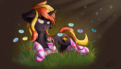 Size: 1801x1036 | Tagged: safe, artist:yuris, derpibooru import, oc, oc only, oc:java, pony, unicorn, clothes, commission, ears, floppy ears, flower, glade, socks, solo, striped socks, ych result