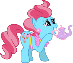 Size: 4609x4000 | Tagged: safe, artist:jeatz-axl, derpibooru import, cup cake, earth pony, pony, female, food, mare, mouth hold, raised hoof, raised leg, simple background, solo, tea, transparent background, vector