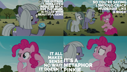 Size: 2000x1125 | Tagged: safe, derpibooru import, edit, edited screencap, editor:quoterific, screencap, limestone pie, marble pie, pinkie pie, earth pony, pony, the maud couple, caption, duo, ears, female, floppy ears, gem, open mouth, rock, solo, text, trio