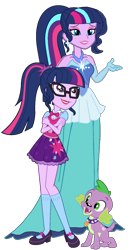 Size: 932x1792 | Tagged: artist needed, safe, derpibooru import, sci-twi, spike, twilight sparkle, dog, equestria girls, clothes, dress, duo, duo female, female, glasses, jewelry, lips, lipstick, makeup, male, mother, ponytail, queen sparkle, simple background, skirt, trio, vector