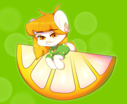 Size: 1280x1042 | Tagged: safe, artist:azaani, derpibooru import, oc, oc only, earth pony, pony, chibi, clothes, cute, ear piercing, earring, female, food, fruit, jewelry, lemon, mare, piercing, shirt, simple background, solo