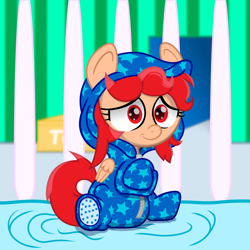 Size: 1250x1250 | Tagged: safe, artist:spellboundcanvas, derpibooru import, oc, oc:ginger ferrochrome, pegasus, pony, clothes, crib, diaper, female, filly, footed sleeper, solo, young