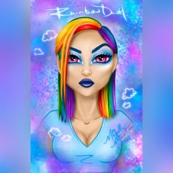 Size: 1080x1080 | Tagged: safe, artist:artisticallymichelle, derpibooru import, rainbow dash, human, abstract background, alternate hairstyle, breasts, bust, cleavage, clothes, eyelashes, female, humanized, lipstick, makeup, rainboob dash, smiling, solo