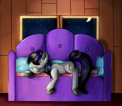 Size: 1280x1114 | Tagged: safe, artist:appleneedle, derpibooru import, oc, oc:iron crackle, earth pony, pony, art, blanket, character, cottage, digital, draw, drawing, fanart, night, patreon, pillow, rest, reward, sleeping, sofa, window