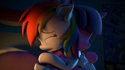 Size: 3840x2160 | Tagged: safe, artist:psfmer, derpibooru import, rainbow dash, twilight sparkle, alicorn, pegasus, pony, 3d, crying, depressed, depression, duo, hug, rainbow dash's bedroom, sad, source filmmaker, twidash, wonderbolts poster