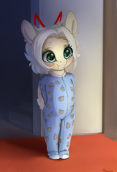 Size: 2106x3078 | Tagged: safe, artist:miokomata, derpibooru import, oc, oc only, oc:clay, earth pony, semi-anthro, arm behind back, blushing, clothes, cute, female, filly, footed sleeper, ocbetes, pajamas, solo