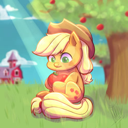 Size: 1280x1280 | Tagged: safe, artist:fluterloo, derpibooru import, applejack, earth pony, pony, apple, apple tree, chibi, colored pupils, crepuscular rays, cute, deviantart watermark, ear fluff, ears, female, jackabetes, mare, obtrusive watermark, sitting, solo, sweet apple acres, tree, watermark