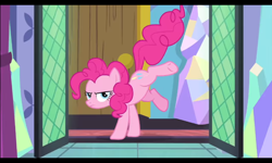 Size: 800x480 | Tagged: safe, derpibooru import, screencap, pinkie pie, earth pony, pony, ail-icorn, doors, kick, kicking, serious, solo, twilight's castle