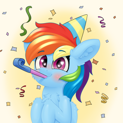 Size: 4000x4000 | Tagged: safe, artist:yelowcrom, derpibooru import, rainbow dash, pegasus, pony, blushing, chest fluff, confetti, cute, female, hat, heart eyes, mare, party, party hat, simple background, wingding eyes, wings