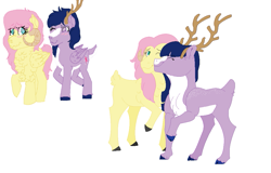 Size: 1041x666 | Tagged: safe, artist:inevitableintricate, derpibooru import, fluttershy, twilight sparkle, deer, deer pony, goat, original species, peryton, antlers, deerified, female, goat horns, goatified, kiss on the cheek, kissing, lesbian, redraw, reindeer antlers, shipping, simple background, species swap, twishy, white background