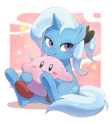 Size: 1847x2033 | Tagged: safe, artist:nendo, derpibooru import, trixie, pony, unicorn, abstract background, bow, female, hair bow, kirby, looking at you, looking away, mare, nintendo, ponytail, sitting, smiling, smiling at you, tail, underhoof