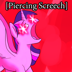 Size: 800x800 | Tagged: safe, artist:slamjam, derpibooru import, twilight sparkle, twilight sparkle (alicorn), alicorn, pony, abstract background, female, glowing eyes, mare, open mouth, screech, solo