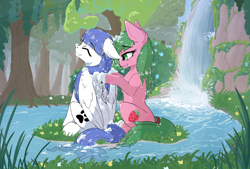 Size: 4662x3143 | Tagged: safe, artist:wbp, derpibooru import, oc, oc only, oc:pine berry, oc:snow pup, earth pony, pegasus, pony, bath, bathing, ears, eyes closed, female, floppy ears, forest, mare, scrubbing, sitting, smiling, soap bubble, water, waterfall, wet, wet mane
