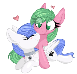 Size: 2800x2700 | Tagged: safe, artist:littleblackraencloud, derpibooru import, oc, oc only, oc:pine berry, oc:snow pup, earth pony, pegasus, pony, blushing, chest fluff, collar, commission, dog tags, duo, ear fluff, ears, eye clipping through hair, eyebrows visible through hair, eyes closed, female, heart, horn, mane, mare, nuzzling, oc x oc, shipping, simple background, tail, transparent background, wings, ych result