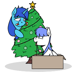 Size: 2200x2200 | Tagged: safe, artist:jellysiek, derpibooru import, oc, oc only, oc:single drop, oc:snow pup, pegasus, pony, unicorn, behaving like a dog, box, candy, candy cane, christmas, christmas lights, christmas tree, commission, ears, female, floppy ears, food, happy, holiday, looking at each other, looking down, looking up, mare, mouth hold, ornament, panting, simple background, sitting, smiling, stars, tongue out, transparent background, tree