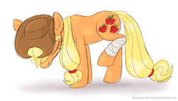 Size: 1122x642 | Tagged: safe, artist:champion-of-namira, derpibooru import, applejack, earth pony, pony, applejack's hat, bandage, cowboy hat, eyelashes, eyes closed, female, hat, raised hoof, raised leg, sad, shadow, simple background, solo, solo female, white background