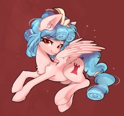 Size: 1771x1658 | Tagged: safe, artist:siripim111, derpibooru import, cozy glow, pegasus, pony, chest fluff, female, lidded eyes, looking at you, mare, older, older cozy glow, red background, simple background, smiling, smiling at you, solo, spread wings, underhoof, wings
