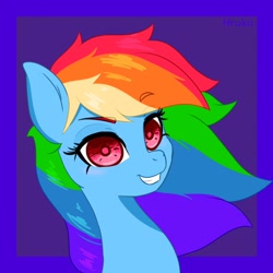 Size: 850x850 | Tagged: safe, artist:navokin, derpibooru import, rainbow dash, pegasus, pony, abstract background, bust, cropped, ear fluff, ears, eye clipping through hair, female, grin, looking at you, mare, portrait, redraw, smiling, solo, three quarter view