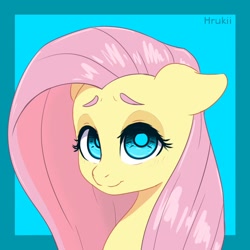 Size: 850x850 | Tagged: safe, artist:navokin, derpibooru import, fluttershy, pegasus, pony, abstract background, bust, cropped, cute, ear fluff, ears, female, floppy ears, looking at you, mare, portrait, redraw, shyabetes, smiling, solo, stray strand, three quarter view