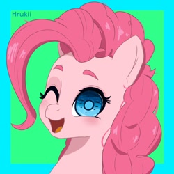 Size: 850x850 | Tagged: safe, artist:navokin, derpibooru import, pinkie pie, earth pony, pony, abstract background, bust, cropped, ear fluff, ears, female, looking at you, mare, open mouth, portrait, redraw, smiling, solo, three quarter view