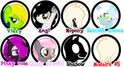 Size: 1822x990 | Tagged: safe, artist:amgiwolf, derpibooru import, oc, oc only, oc:amgi, oc:candy sweetti, oc:nopony, oc:pinky rose, oc:shadow, oc:viexy ams, changeling, changeling queen, earth pony, pegasus, pony, unicorn, bedroom eyes, bust, changeling queen oc, earth pony oc, eyelashes, female, horn, mannequin, mare, pegasus oc, purple changeling, shadow pony, simple background, smiling, transparent background, unicorn oc