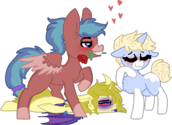 Size: 1011x732 | Tagged: safe, artist:nootaz, derpibooru import, oc, oc:blitz razorwind, oc:nootaz, pegasus, pony, unicorn, black eye, blushing, courtship, dio brando, flower, horn, jojo's bizarre adventure, pegasus oc, ponified, rose, unicorn oc