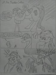 Size: 1944x2592 | Tagged: safe, artist:princebluemoon3, derpibooru import, oc, oc:candy clumsy, oc:rainbow candy, oc:rainbow tashie, oc:tommy the human, earth pony, human, pegasus, pony, comic:sisterly silliness, black and white, butt, canterlot, canterlot castle, castle, child, clothes, comic, commissioner:bigonionbean, confused, crying, cutie mark, dialogue, extra thicc, eyes closed, female, flank, frustrated, fusion, fusion:rainbow candy, grayscale, gritted teeth, hallway, head in hooves, hug, hugging a pony, human oc, magic, male, mare, monochrome, open mouth, plot, shocked, shocked expression, tears of joy, teary eyes, traditional art, wavy mouth, wings, wiping tears, writer:bigonionbean