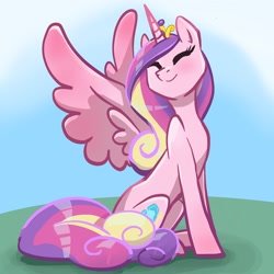 Size: 2048x2048 | Tagged: safe, artist:pfeffaroo, derpibooru import, princess cadance, alicorn, pony, cute, cutedance, eyes closed, female, head turned, high res, jewelry, mare, outdoors, sitting, smiling, solo, spread wings, tiara, wings