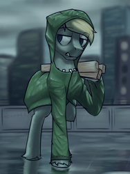 Size: 3000x4000 | Tagged: safe, artist:toanderic, derpibooru import, oc, oc only, oc:maplewood, earth pony, pony, blurry background, cloud, eyebrows visible through hair, frown, gritted teeth, grumpy, hood, male, no pupils, planks, prosthetic eye, prosthetics, puddle, rain, raincoat, skyscraper, solo, stallion, unshorn fetlocks, water, wet, wet mane, wood