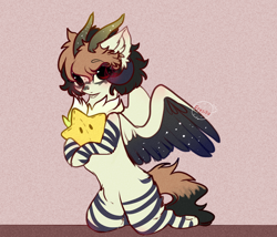 Size: 2242x1917 | Tagged: safe, artist:1fresita, derpibooru import, oc, hybrid, horns, plushie, solo, star plushie, two toned wings, wings