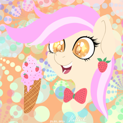 Size: 4000x4000 | Tagged: safe, artist:hellishnya, derpibooru import, oc, oc:vanillaberry swirl, earth pony, food pony, original species, pony, bowtie, commission, complex background, ear piercing, earring, female, food, ice cream, jewelry, mare, open mouth, piercing, ponified, signature, solo, ych result