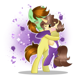 Size: 2040x2148 | Tagged: safe, artist:doraeartdreams-aspy, derpibooru import, oc, oc:aspen, oc:ryan, alicorn, earth pony, alicorn oc, bodysuit, catsuit, clothes, couple, cute, eyes closed, female, hippie, horn, hug, latex, latex suit, love, male, peace suit, rubber, rubber suit, smiling, straight, wings