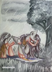 Size: 738x1024 | Tagged: safe, artist:maryhoovesfield, derpibooru import, oc, oc only, pegasus, pony, cloud, eyelashes, grass, pegasus oc, rain, sad, signature, solo, traditional art, tree, wings