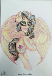 Size: 705x1024 | Tagged: safe, artist:maryhoovesfield, derpibooru import, oc, oc only, pegasus, pony, eyelashes, jewelry, necklace, pegasus oc, rearing, signature, smiling, solo, traditional art, wings