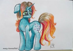 Size: 1024x722 | Tagged: safe, artist:maryhoovesfield, derpibooru import, oc, oc only, pony, unicorn, chest fluff, ear fluff, ears, frown, horn, looking back, signature, solo, traditional art, unicorn oc