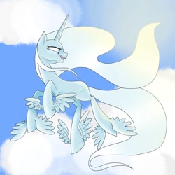 Size: 1024x1024 | Tagged: safe, artist:emalajiss36, derpibooru import, oc, oc only, pony, unicorn, cloud, eyelashes, feathered fetlocks, female, flying, horn, looking back, mare, open mouth, smiling, solo