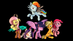 Size: 1280x720 | Tagged: safe, artist:castaspellliana, artist:goldencarrotmlp, artist:psfmer, derpibooru import, applejack, fluttershy, pinkie pie, rainbow dash, rarity, twilight sparkle, twilight sparkle (alicorn), alicorn, draconequus, earth pony, pegasus, unicorn, fanfic:my little pony: the unexpected future, 3d, alternate models, amputee, animated, artificial wings, augmented, black background, draconequified, flutterequus, flying, gif, mane six, missing eye, prosthetic leg, prosthetic limb, prosthetic wing, prosthetics, sad, scar, simple background, source filmmaker, species swap, stump, wind, wings