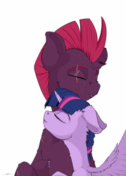 Size: 2500x3500 | Tagged: safe, artist:skitsroom, tempest shadow, twilight sparkle, twilight sparkle (alicorn), alicorn, pony, unicorn, broken horn, eye scar, eyes closed, female, horn, lesbian, mare, scar, shipping, simple background, teary eyes, tempestlight, white background