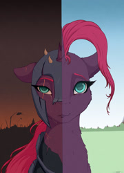 Size: 1800x2500 | Tagged: safe, artist:skitsroom, fizzlepop berrytwist, tempest shadow, pony, unicorn, my little pony: the movie, armor, broken horn, bust, eye scar, female, helmet, horn, mare, scar, solo, split screen, two sided posters