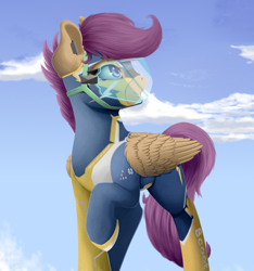 Size: 1406x1500 | Tagged: safe, artist:skitsroom, edit, scootaloo, pegasus, pony, clothes, cloud, cropped, female, helmet, mare, older, older scootaloo, raised hoof, raised leg, redesign, sky, smiling, solo, uniform, wonderbolts uniform