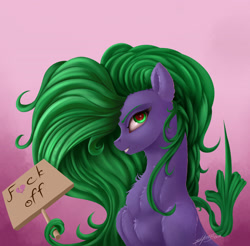 Size: 3050x3000 | Tagged: safe, artist:skitsroom, mane-iac, pony, chest fluff, female, mare, middle finger, missing accessory, prehensile mane, sign, solo, vulgar