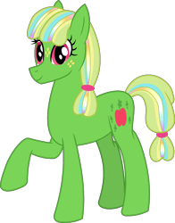 Size: 1229x1565 | Tagged: safe, artist:amrasfelagund, ponerpics import, oc, oc only, oc:shamrock apple, earth pony, pony, deleted from derpibooru, description is relevant, freckles, friendship is magic: the next generation, magical lesbian spawn, offspring, parent:applejack, parent:twilight sparkle, parents:twijack, simple background, solo, transparent background