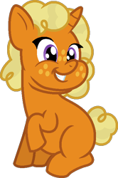 Size: 440x662 | Tagged: safe, artist:amrasfelagund, ponerpics import, oc, oc only, oc:pumpkin sweet, pony, unicorn, chubby, chubby cheeks, deleted from derpibooru, description is relevant, double chin, foal, freckles, friendship is magic: the next generation, nonbinary, offspring, parent:apple bloom, parent:snails, parents:snailbloom, simple background, smiling, solo, transparent background