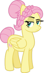 Size: 578x953 | Tagged: safe, artist:amrasfelagund, ponerpics import, fluttershy, pegasus, pony, alternate hairstyle, deleted from derpibooru, friendship is magic: the next generation, hair bun, headcanon in the description, missing accessory, severeshy, simple background, solo, tail bun, transparent background