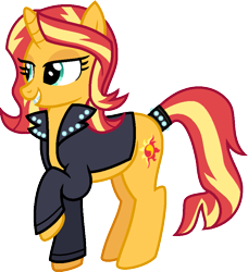 Size: 825x906 | Tagged: safe, artist:amrasfelagund, ponerpics import, sunset shimmer, pony, unicorn, clothes, deleted from derpibooru, description at source, description is relevant, fangs, friendship is magic: the next generation, jacket, leather jacket, older, raised hoof, raised leg, simple background, solo, transparent background