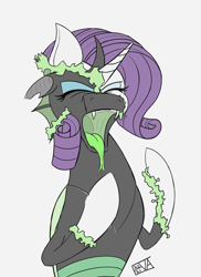Size: 4000x5500 | Tagged: safe, artist:evan555alpha, ponybooru exclusive, rarity, oc, oc only, oc:yvette (evan555alpha), changeling, pony, unicorn, evan's daily buggo, changeling oc, colored sketch, disguised changeling, dorsal fin, eyelashes, eyes closed, eyeshadow, fangs, female, fire, forked tongue, green tongue, long tongue, mid-transformation, missing accessory, open mouth, sharp teeth, signature, simple background, sketch, solo, tongue out, transformation, white background