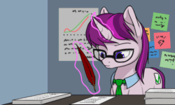 Size: 500x300 | Tagged: safe, artist:shydale, oc, oc only, oc:checkbox, pony, unicorn, animated, check mark, female, gif, glasses, magic, mare, paperwork, perfect loop, quill, solo, telekinesis