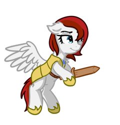 Size: 664x691 | Tagged: safe, artist:neuro, derpibooru import, oc, oc only, oc:feather scarf, pegasus, pony, armor, ear down, female, flying, guardsmare, hoof hold, lidded eyes, mare, royal guard, royal guard armor, simple background, spread wings, sword, transparent background, weapon, wings, wooden sword