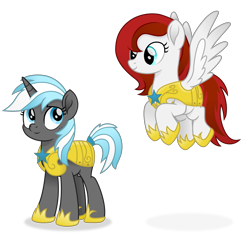 Size: 4517x4322 | Tagged: safe, artist:cirillaq, oc, oc only, oc:feather scarf, oc:star dusk, pegasus, pony, unicorn, absurd resolution, armor, duo, female, flying, freckles, guardsmare, horn, mare, royal guard, royal guard armor, simple background, spread wings, transparent background, wings
